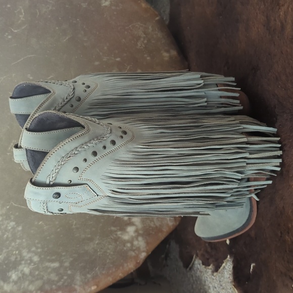 LIBERTY BLACK Vegas Fringed leather boots "Ciel"/Ice Blue LB71124 snip toe sz6.5 - Picture 10 of 16